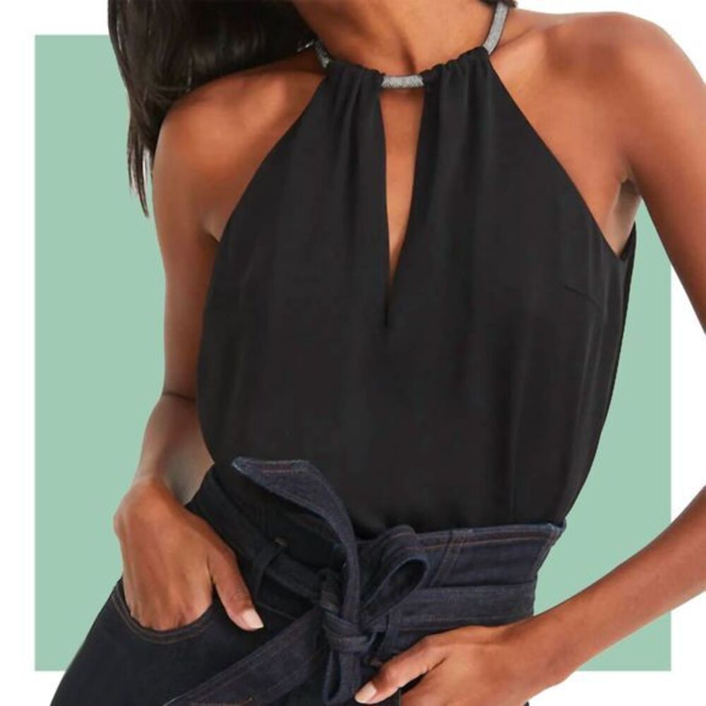 Veronica Beard Kusumi Black Keyhole Jeweled Beaded Collar Satin Halter Top